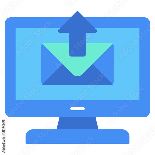 Send Email Online -  Flat Green Blue Style icon - Computer screen with outgoing envelope, representing web-based email sending
