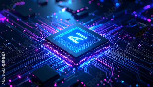 Glowing Artificial Intelligence Chip on Digital Circuit Board with Blue Purple Light