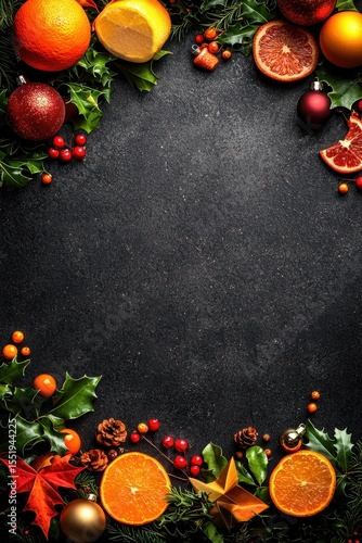 Wallpaper Mural Festive Holiday Arrangement with Oranges and Holly Leaves on Dark Background Torontodigital.ca