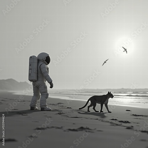 An astronaut walks along a foggy beach with two large cats at his side and a bird flying above, against a dramatic backdrop of cliffs and crashing waves. Generative, AI,