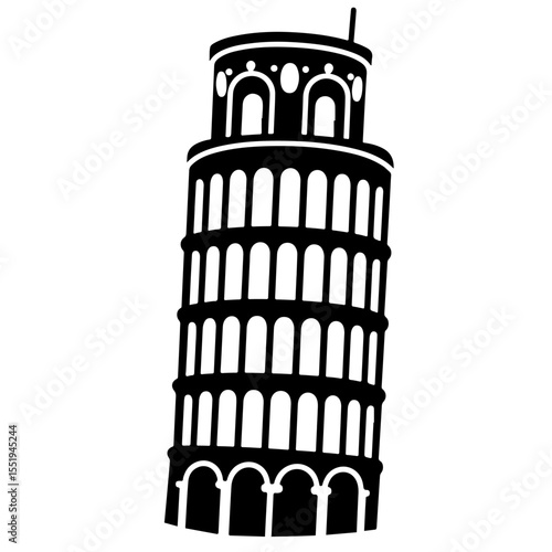 Black and white illustration of the Leaning Tower of Pisa, vector design element