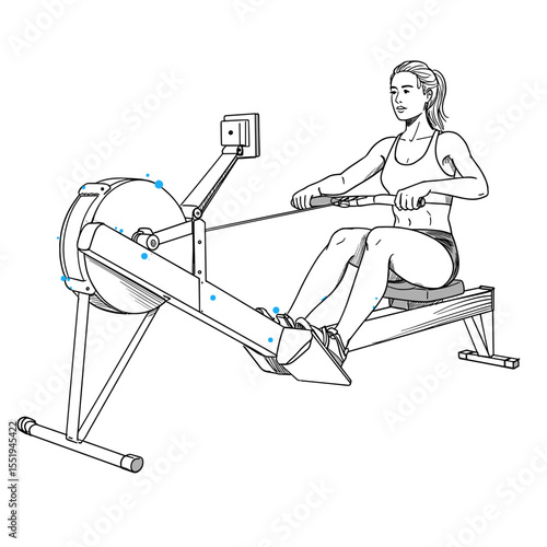 Woman using rowing machine — line art fitness illustration with blue accents