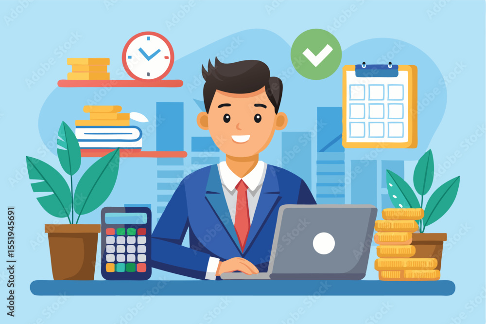 Young professional working diligently at his desk surrounded by plants and office supplies in a modern urban setting Young professional working diligently at his desk surrounded by plants and office supplies in a modern urban setting
