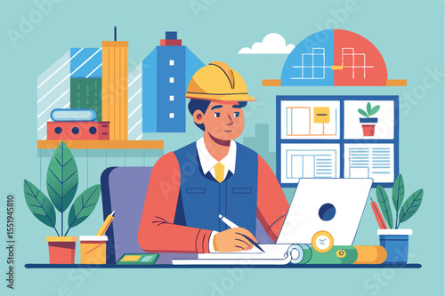 Construction professional working on a laptop in an office with blueprints and plants during daytime