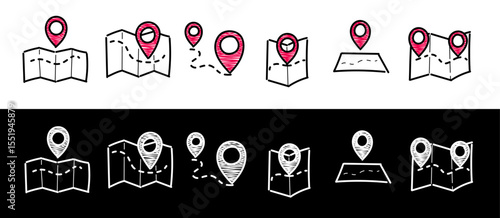 Doodle map and location illustrations set. Geolocation map path distance. GPS cartography position. Pinpoint, map search, route, navigator hand drawn.