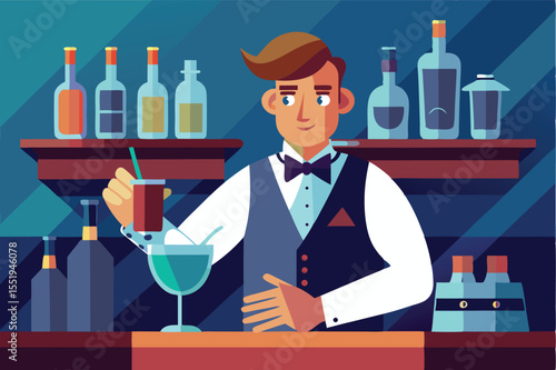 Bartender preparing cocktails at a lively bar during a vibrant evening social gathering