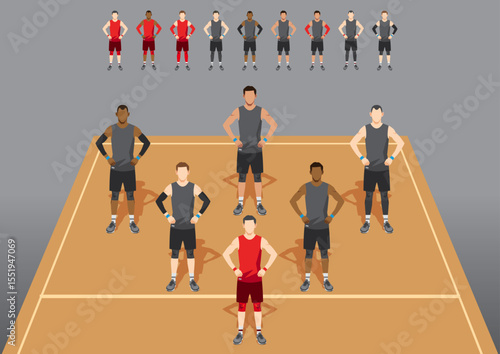 Volleyball Team Male Formation in grey uniforms and captain wear red on the Court