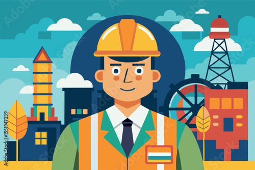 Construction worker smiling in front of industrial landscape showcasing buildings and machinery during daylight