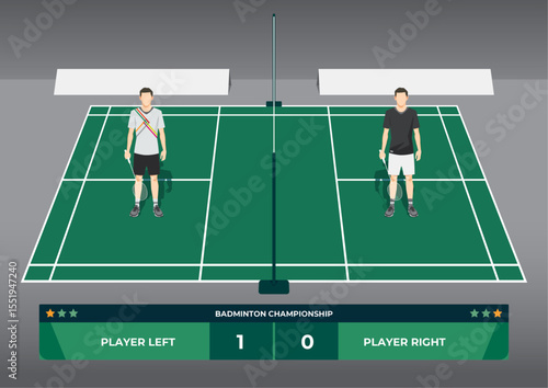 Badminton Match Male Single Players on Court with Scoreboard Illustration