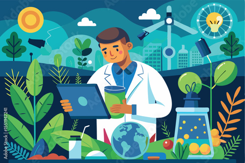 Scientist conducting research on sustainable energy solutions in a vibrant natural environment during the daytime