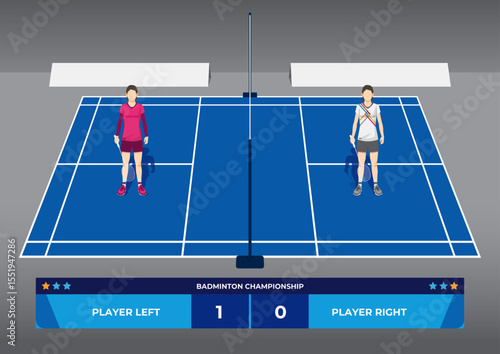 Badminton Match Female Single Players on Court with Scoreboard Illustration