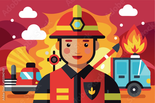Firefighter in action with fire truck and flames during a wildfire emergency response