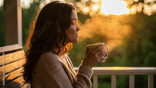 Woman sipping hot beverage on porch at sunrise with misty breath