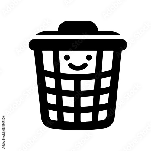 Happy Trash Can Icon, Black and White Vector Illustration