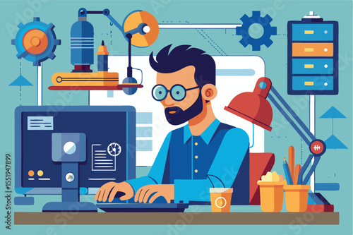 Creative individual working at a desk with tools, equipment, and computer in a modern workspace