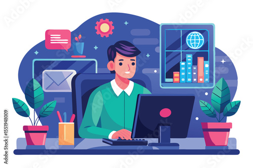 Remote worker engaged in computer tasks in a modern office setting with plants and graphs
