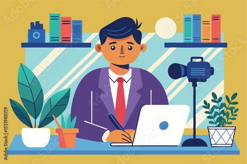 Young professional in a suit working at a desk with plants and a camera in a bright workspace