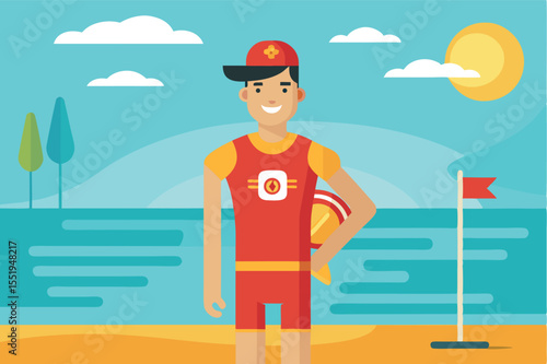 Lifeguard stands on beach with safety gear ready for the summer season in a colorful animated setting