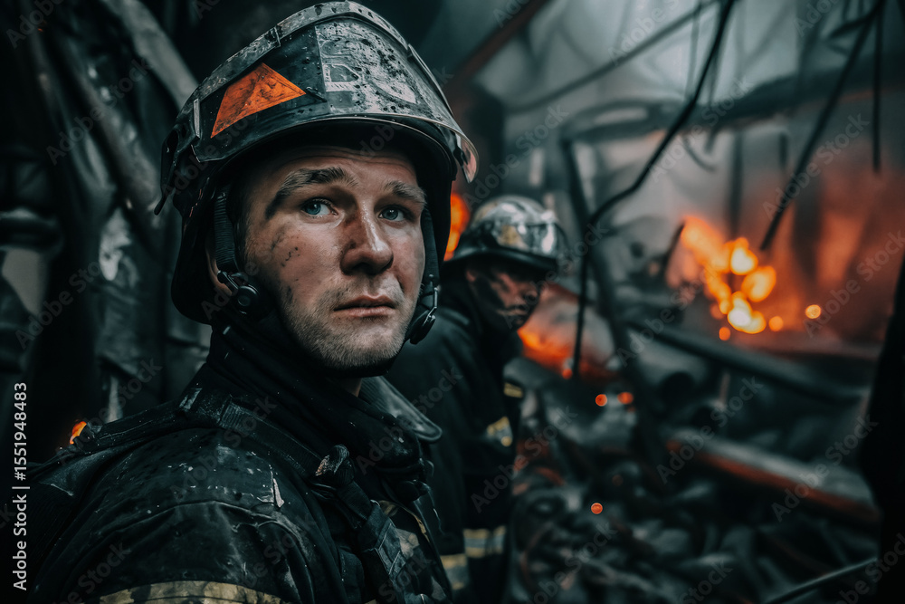 Fototapeta premium Worried firefighter in burning wreckage
