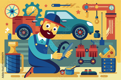 Mechanic working on a car engine with tools and equipment in a workshop setting