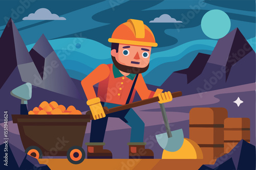 Miner excavates precious stones in a colorful mountainous landscape during a moonlit night