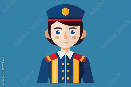 Character dressed in uniform with a hat against a blue background, representing authority and professionalism in the field