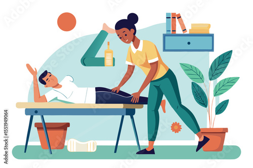 Massage therapist provides relaxation and relief to client in tranquil indoor setting with indoor plants
