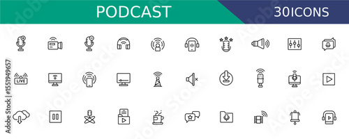 Podcast Icons Set Vector. Line Style Icons for streaming, broadcasting, audio content icon includes microphones, headphones, podcast players, live streaming, audio downloads, recording tools logo