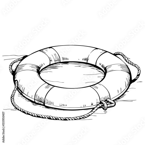 Lifebuoy ring on water surface in sketch illustration