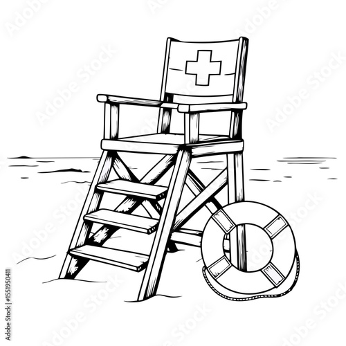 Lifeguard chair and float on beach in sketch style