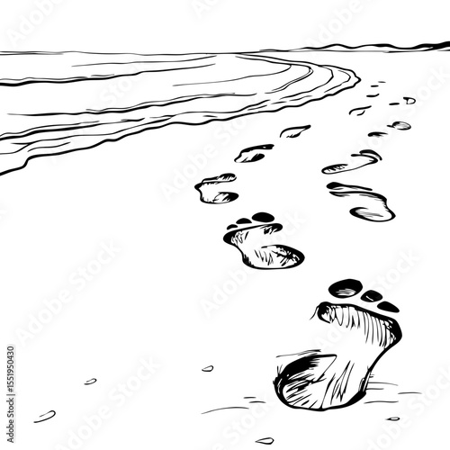 Footprints in sand along shoreline in sketch style