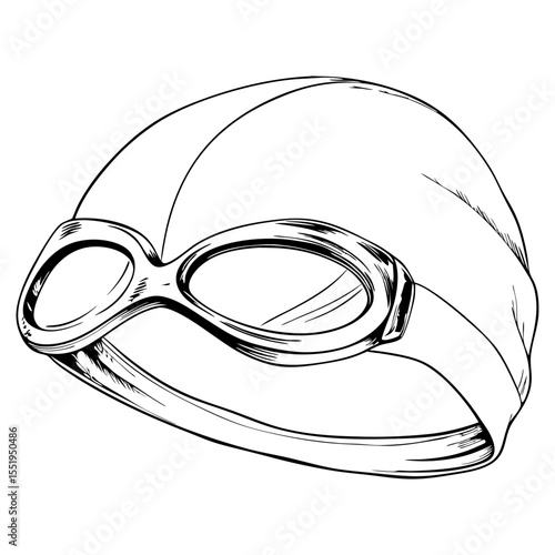Swimming cap with goggles in black and white sketch
