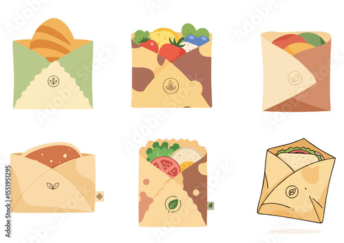 Flat vector illustration of reusable beeswax wrap with food inside and leaf emblem, symbolizing eco-friendly storage
