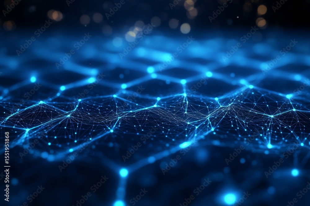 Obraz premium Illuminated wireframe hexagonal mesh structure set against a deep blue cosmic space backdrop