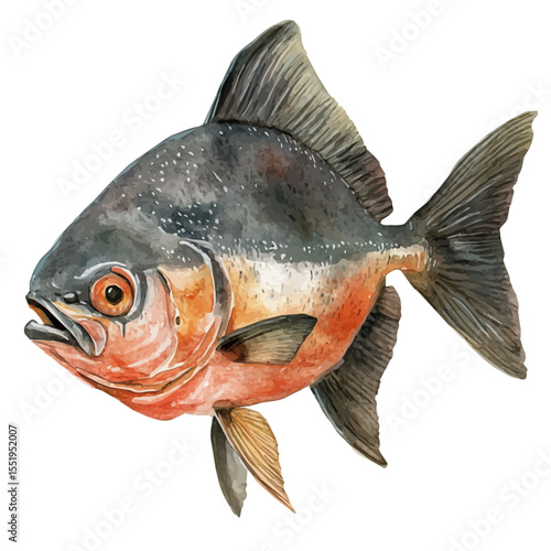 Piranha Close Up, watercolor drawing vector, isolated on a white background.