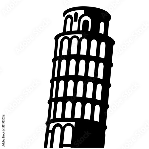 Black and white vector illustration of the Leaning Tower of Pisa