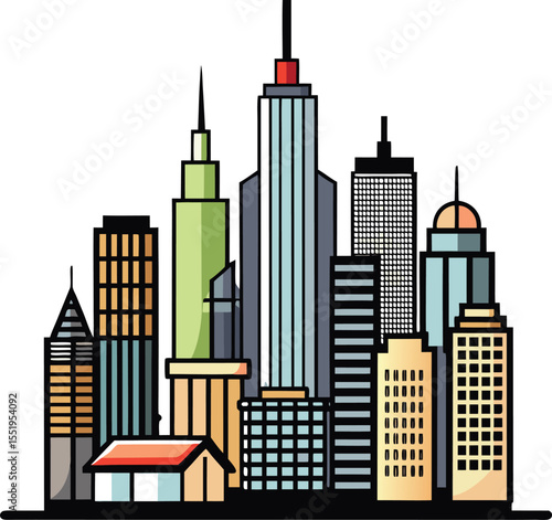 City Skyline: A striking artistic rendering of a city skyline, showcasing a diverse collection of skyscrapers and architectural designs that reflect the grandeur and urban life. 