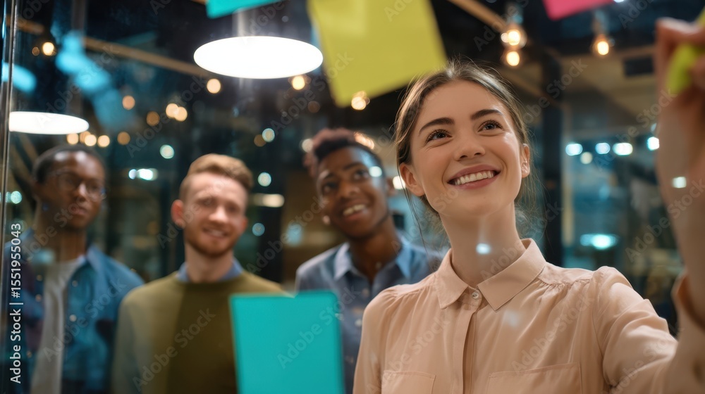 Obraz premium The group of young professionals brainstorming ideas with colorful sticky notes.