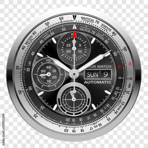 Realistic black silver clock watch face chronograph luxury on white background vector