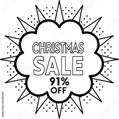 Christmas sale boasts ninety one percent discount with black outline against transparent background