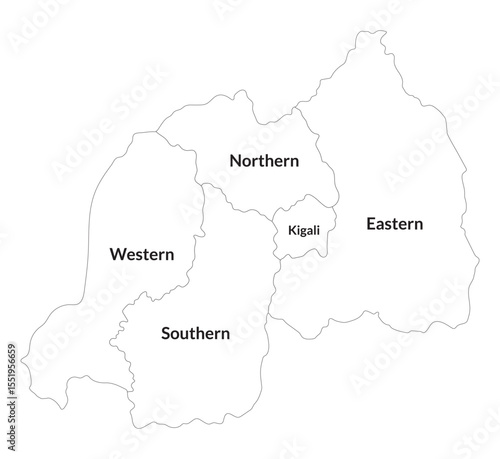 Rwanda map divided into five provinces. Map of Rwanda divided into five provinces with label.