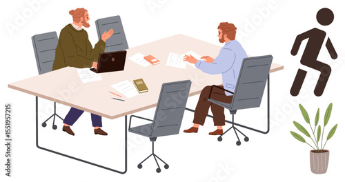 Two colleagues exchanging ideas at a table with laptops and documents in focus, surrounded by office chairs, a potted plant, and business symbols. Ideal for teamwork, discussion, collaboration