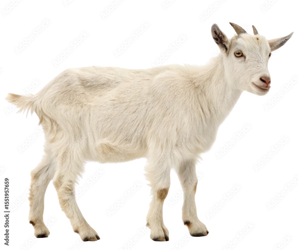 Close-up portrait of a cute, horned domestic goat with brown and white fur, isolated on a white background, perfect for farm and nature themes Close-up portrait of a cute, horned domestic goat with brown and white fur, isolated on a white background, perfect for farm and nature themes