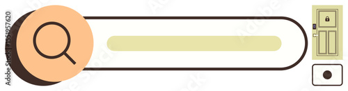 Magnifying glass on search bar near locked door highlights security theme. Ideal for privacy, browsing, cybersecurity, safe access, data protection, online tools, simple flat metaphor