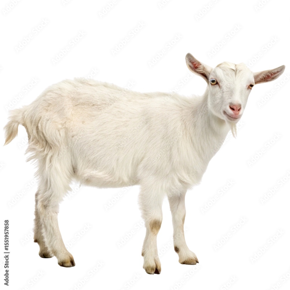 Fototapeta premium White domestic goat with horns standing in a summer meadow