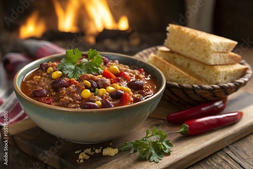 A delicious bowl of healthy, red chili con carne with beans, salsa, and chips, showcasing a vibrant mix of vegetables