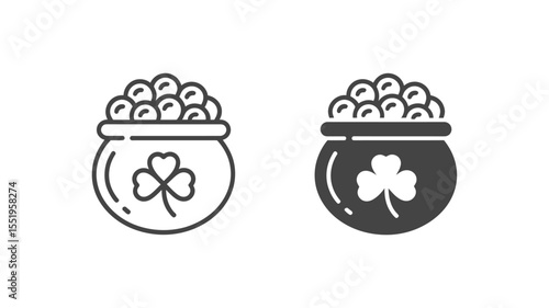 Pot of Gold with Shamrock Outline and Solid Vector Icons - St. Patrick's Day Symbol