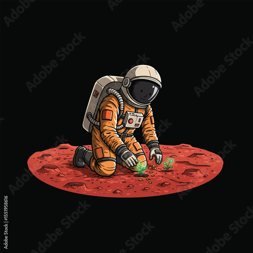 Illustration of an astronaut planting seeds on a barren planet, isolated on black background