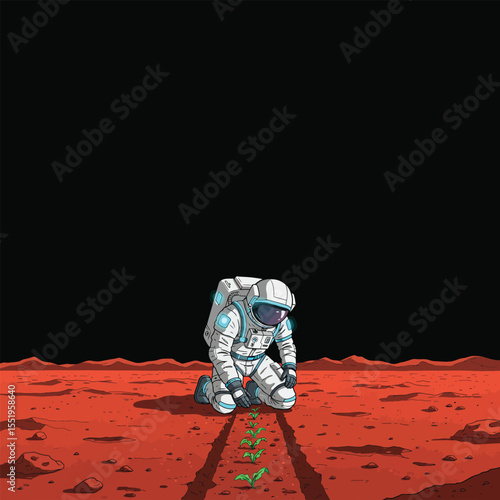 Illustration of an astronaut planting seeds on a barren planet, black background