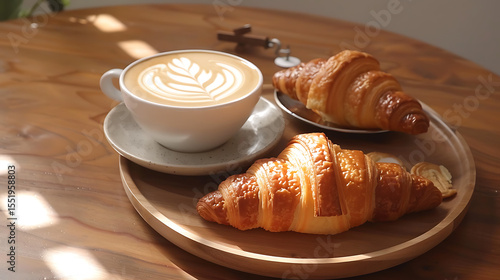 Fresh chocolate croissant and chocolate cake with nuts on a white plate with a hot coffee on the side